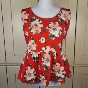 Anthropologie Postmarked Red Floral Peplum Scallop Cut Out Sleeveless Tank Top L